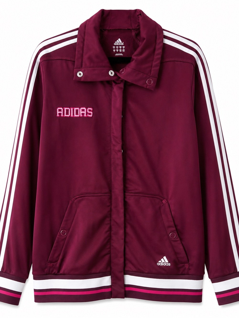 Adidas Women’s XL Burgundy Track Jacket Full Zip 3 Stripe Pink White Athletic